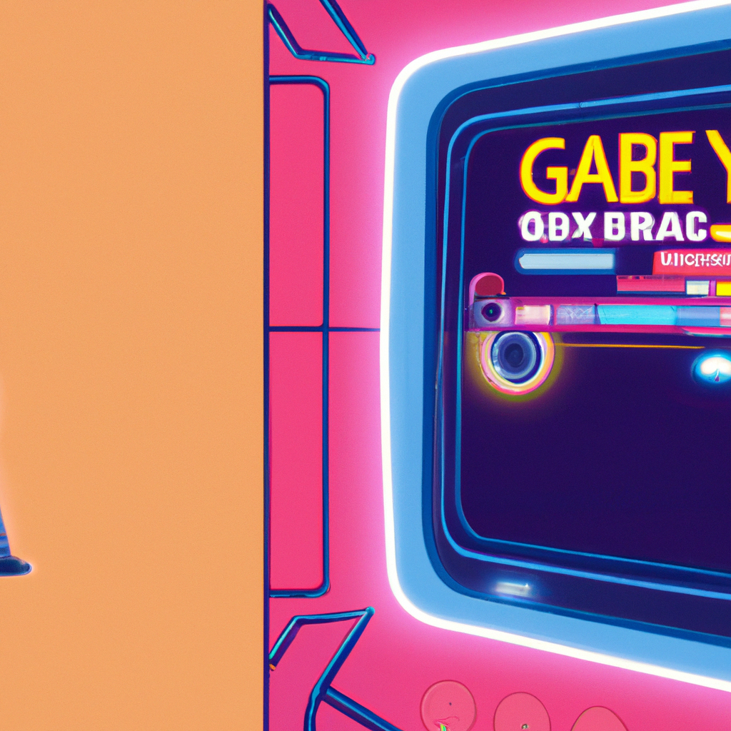 Neon arcade vista with player silhouette and HUD motifs
